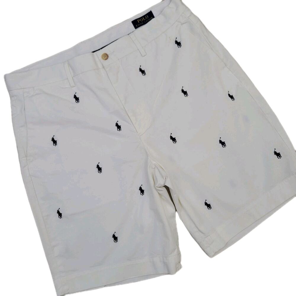 Polo Ralph Lauren Men Shorts Chino White Blue All Over Pony Print Size 33
